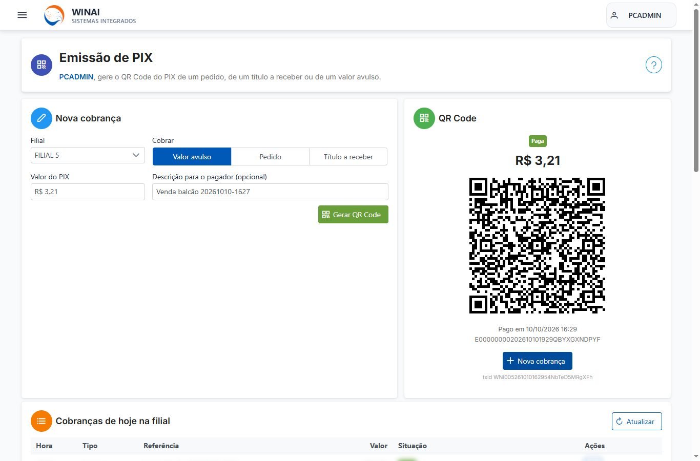 Cobrança PIX com QR Code marcada como paga