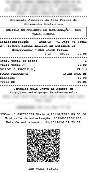 DANFE da NFC-e de 80 mm com QR Code, emitido em homologação