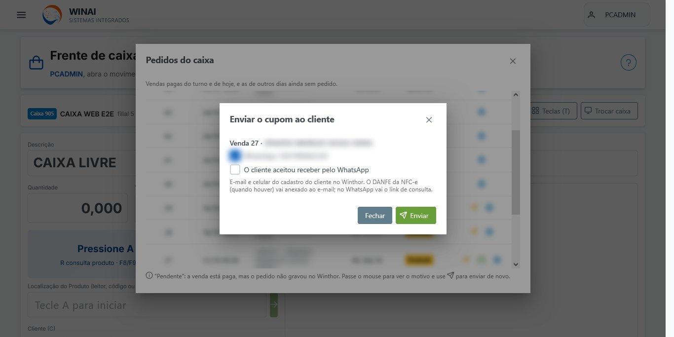 Envio do cupom ao cliente por e-mail ou WhatsApp